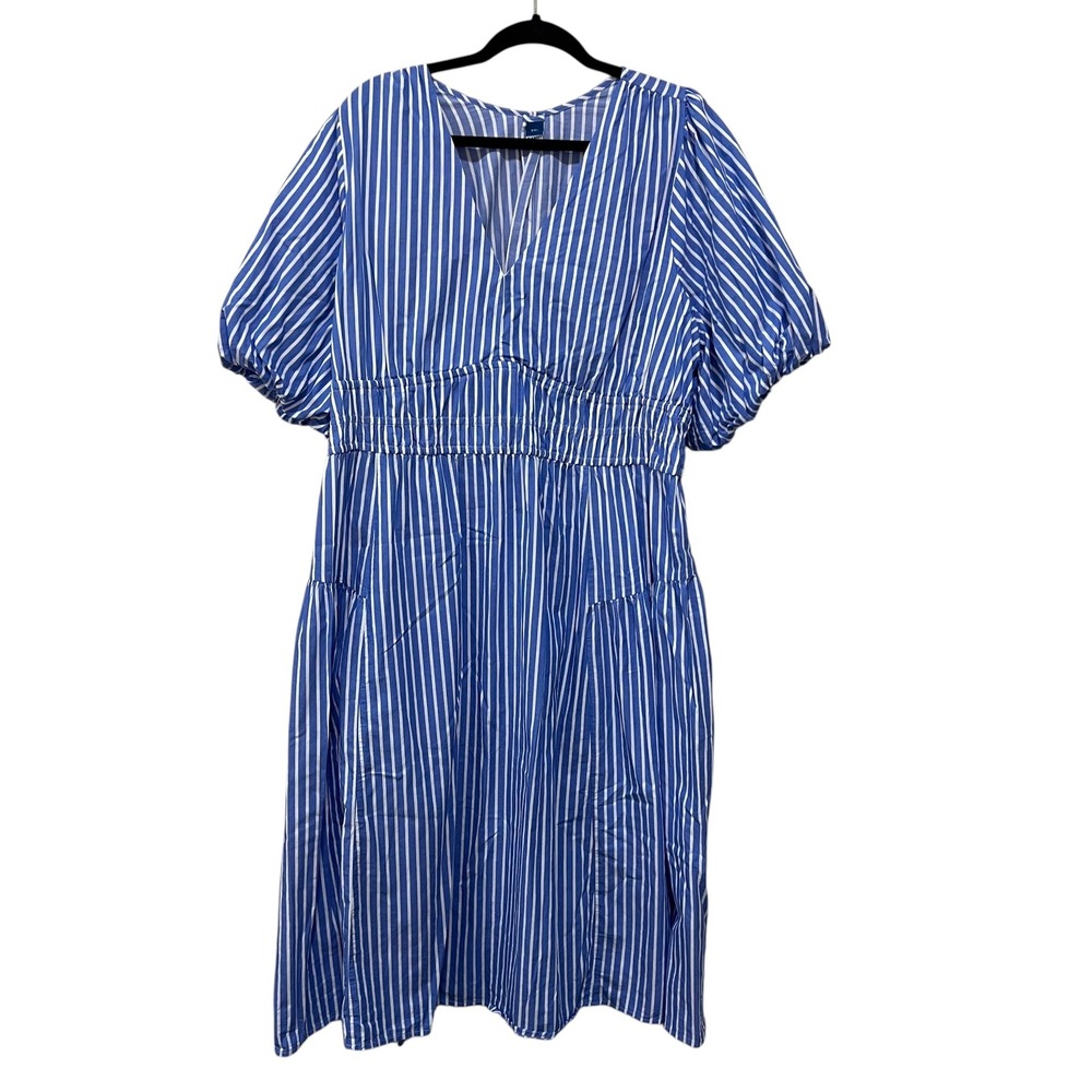 Plus‎ Size Blue Striped Midi Dress XXL Coastal Beach Puff Sleeve Vacation Dress